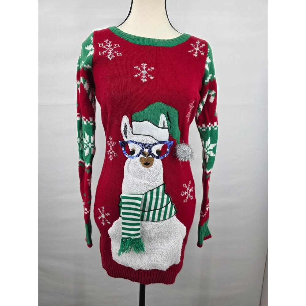 It's Our Time Women Red Llama Ugly Christmas Sweater Dress Small Snowflake Pom